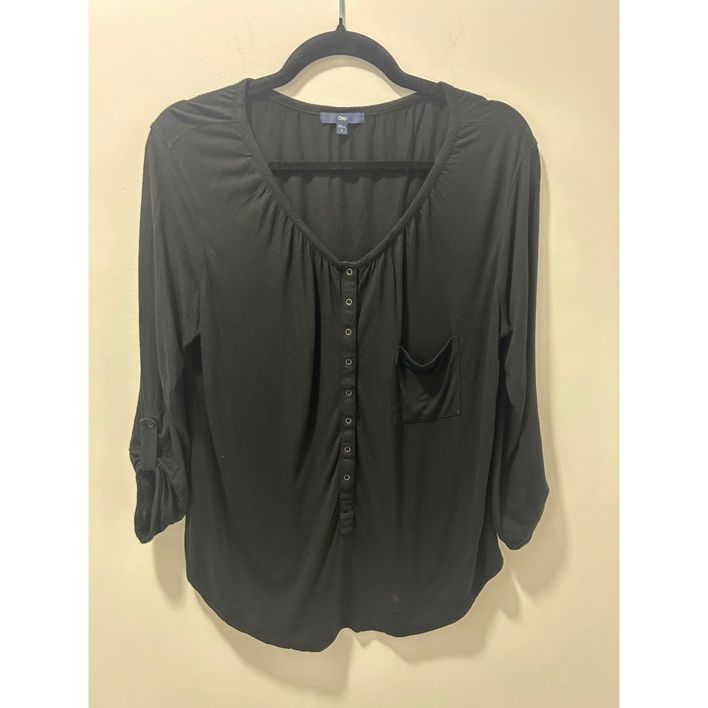 Gap Womens Black Rayon Henley Roll Tab Sleeve Pocket Lightweight Top Size S
